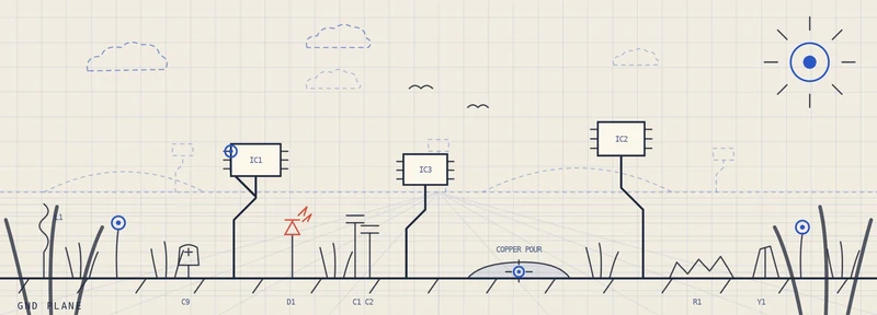 Circuit-board garden with hand-drawn electronic components