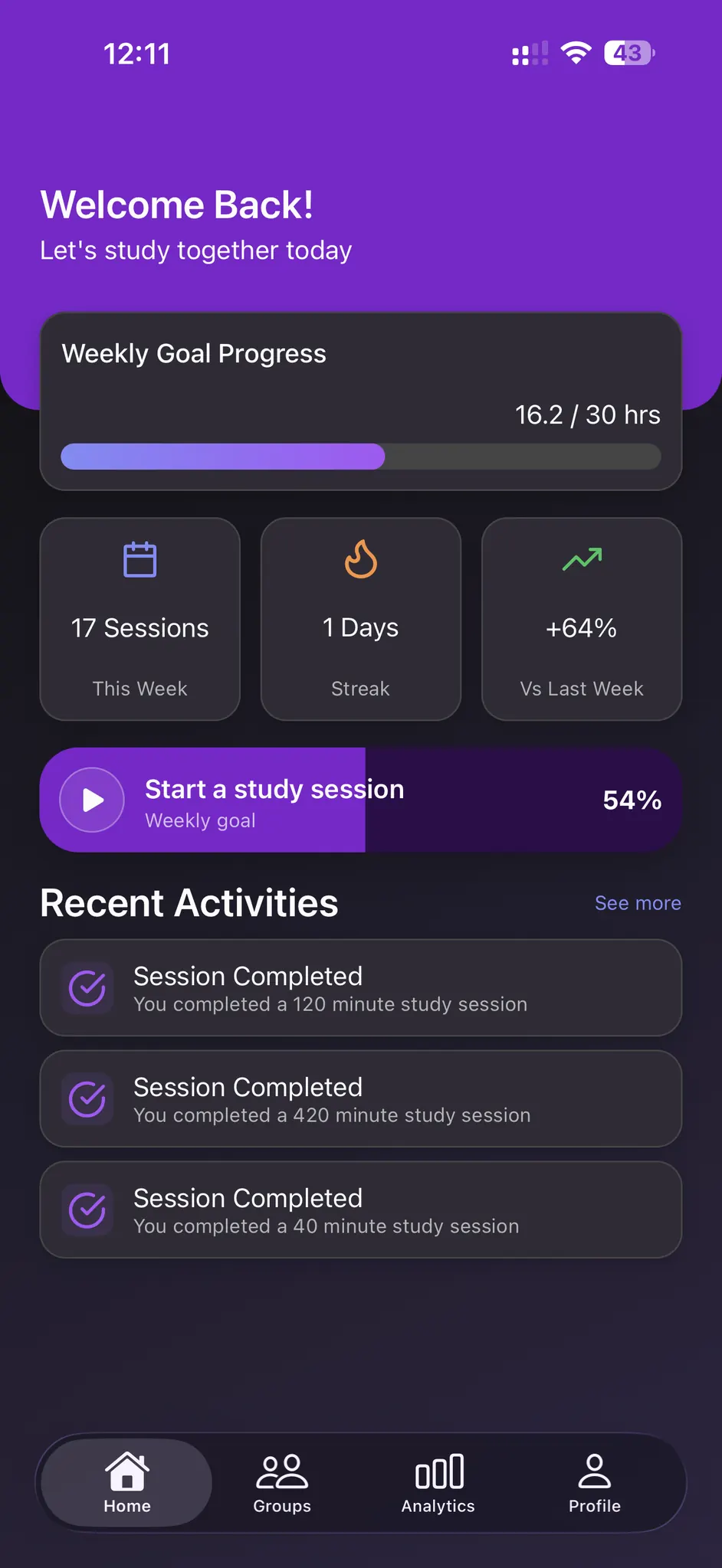 Study app home screen with study goals and recent activity