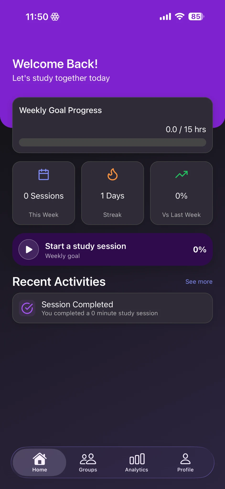 Study app home screen with study goals and recent activity