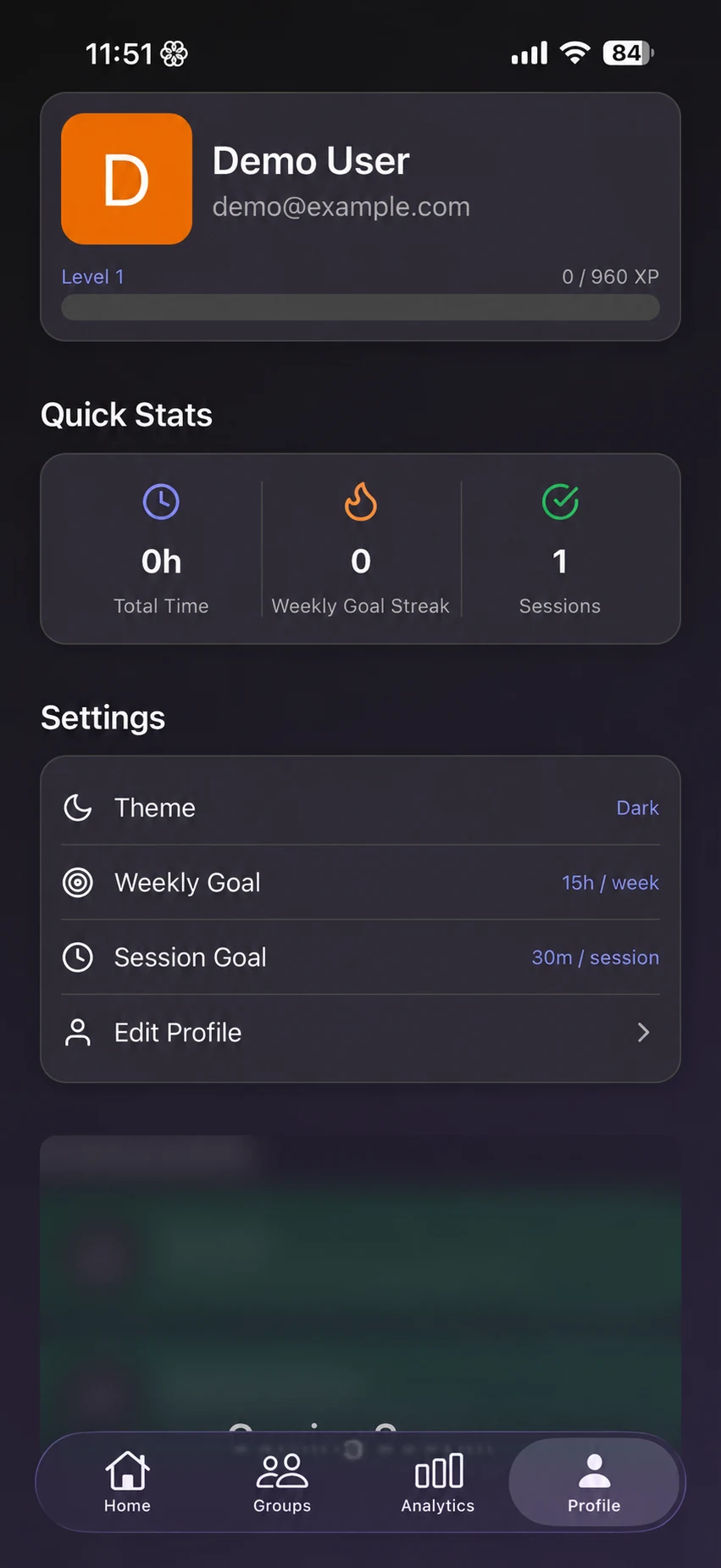 Study app profile with statistics and settings